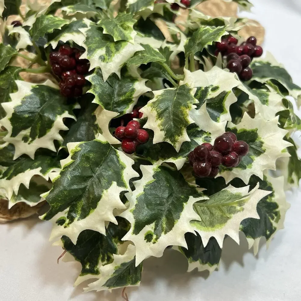 Vintage Candle Ring Centerpiece Wreath Variegated Green White Holly Red Berries